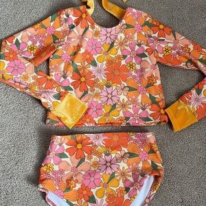 Girls' Floral Long-Sleeve Swim Set - Orange & Pink